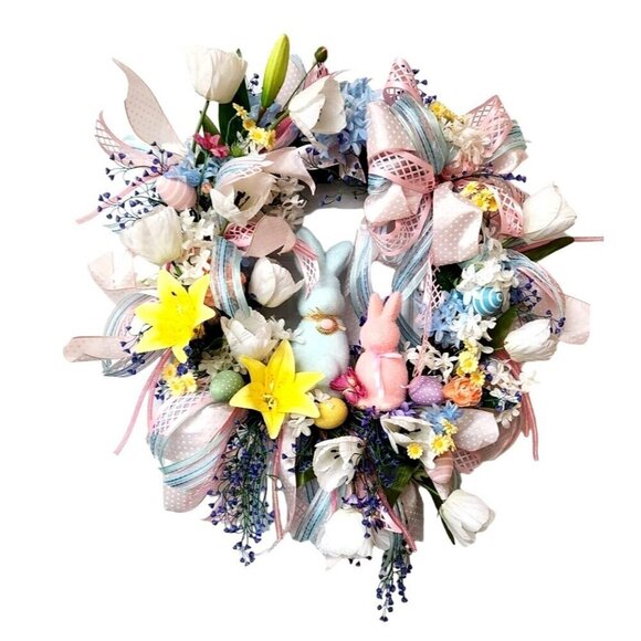 Spring Easter Wreath With Bunny Decorations Pastel Flowers & Ribbons 28" Diamete - Picture 6 of 7